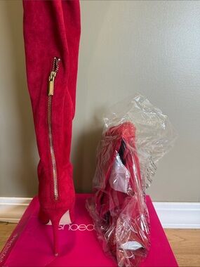 Shoe Dazzle Red Suede Peep-Toe Over-The-Knee Boots
